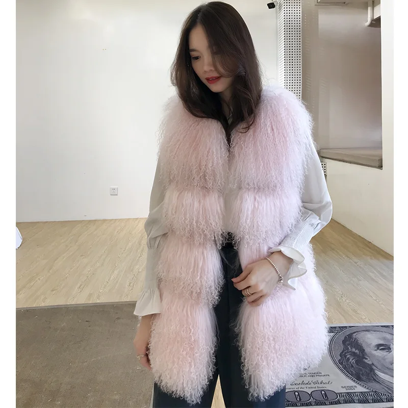 Женский жилет из натурального монгольского овечьего меха на весну осень и зиму