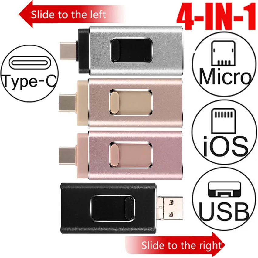 

USB Flash Drive 4 in 1 Type-c/IOS/Micro USB/USB 3.0 For iPhone 7 7 Plus 6 5 5S Metal 64GB 32GB 128GB Pen Drive