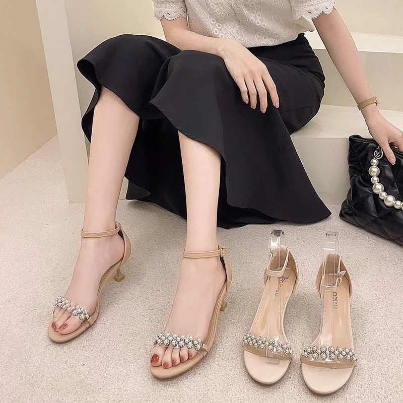 

Female Sandal Fashion Womens Shoes 2021 High Heels Buckle Strap Girls Luxury Stiletto High-heeled Retro Comfort Summer Beige Cle