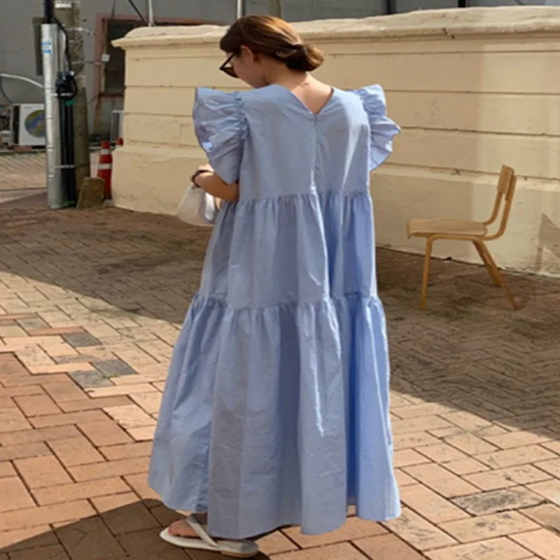 

2021 Summer Women Chic Korean Casual Gentle O Neck Ruffles Pleated Patchwork Loose White Big Swing Flying Sleeve Dress Vestidos