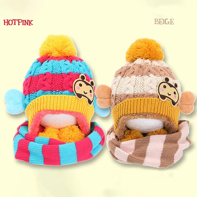 Детская зимняя теплая вязаная шапка и шарф для мальчиков девочек 2 шт. с помпоном