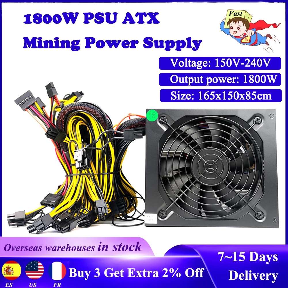 

1800W PSU ATX Mining Power Supply 180V-265V ETH Asic Bitcoin Miner Ethereum Mining Power Supply Support 8 Graphics Card Mining