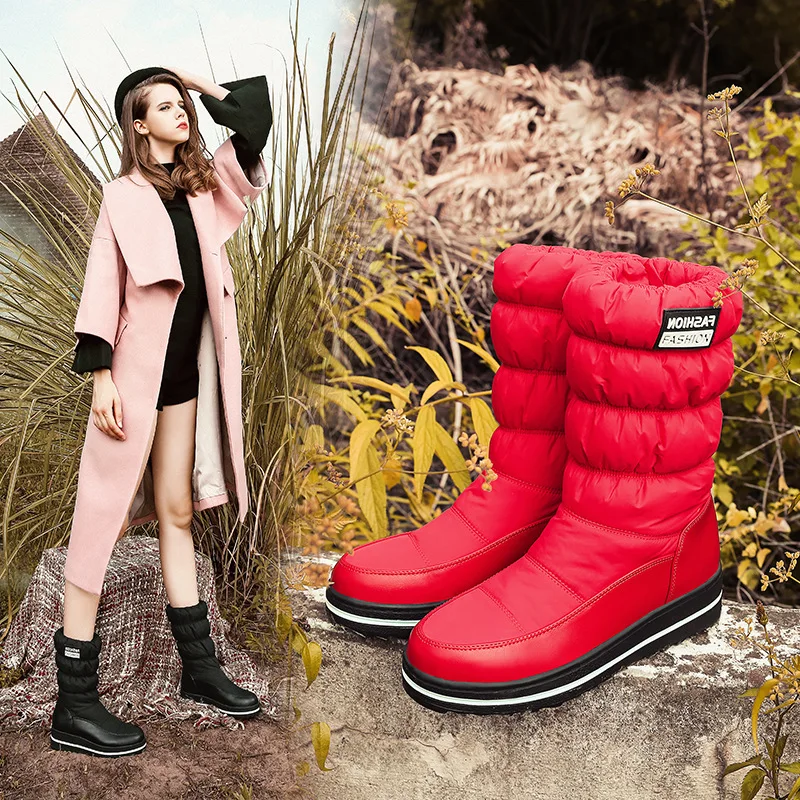 2018 женские зимние сапоги на пуху модные повседневные до колена высоком каблуке