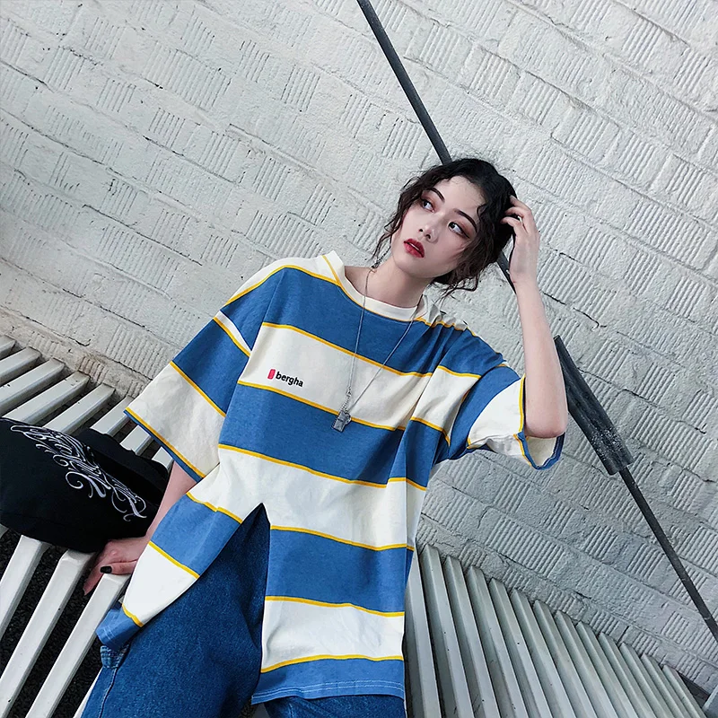 Женские футболки большого размера женские летние полосатые топы BF для студентов