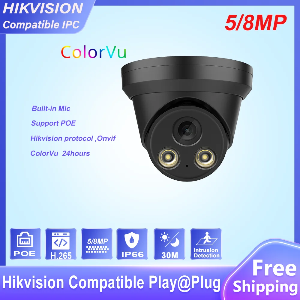 

Hikvision Compatible ColorVu 8MP 5MP Built-in Mic Motion Detection IR30M Plug&play Black Dome Home Security CCTV POE IP Camera