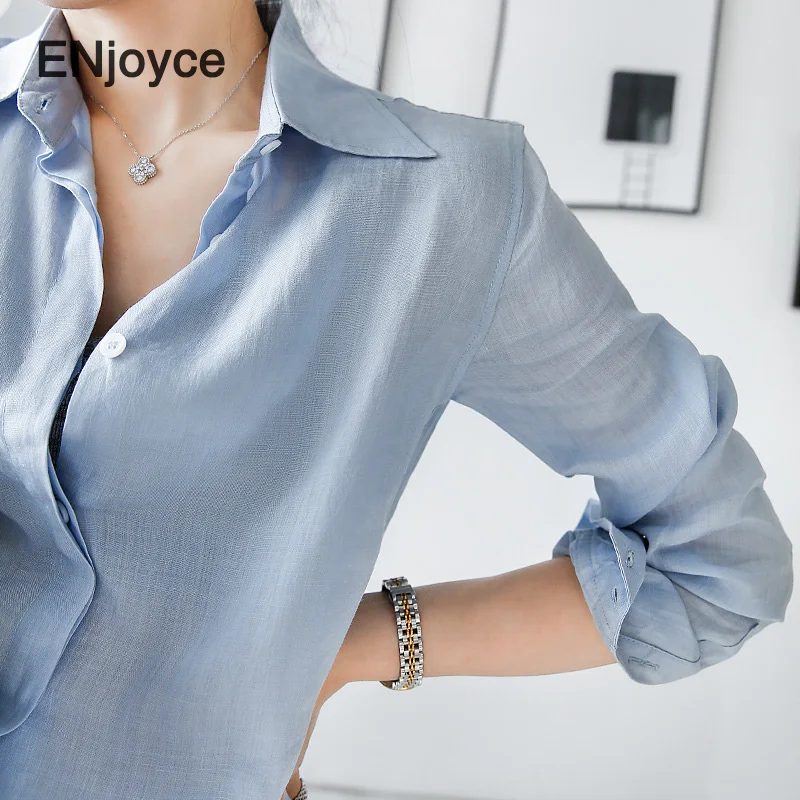 Блузка женская льняная с длинным рукавом повседневная приталенная рубашка в