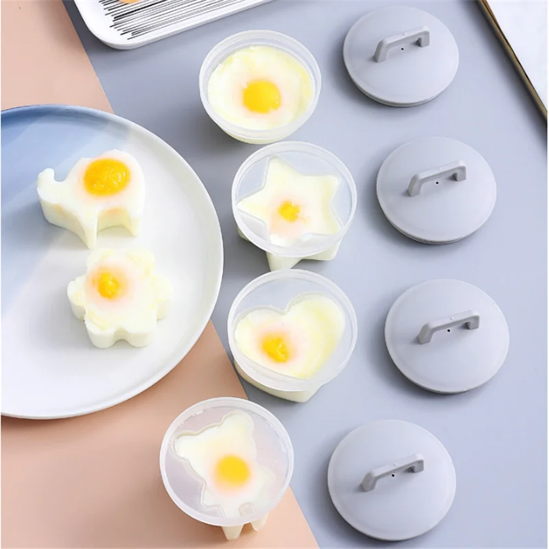 

4 Pcs/Set Cute Egg Boiler Plastic Egg Poacher Set Kitchen Egg Cooker Tools Egg Mold Form with Lid Brush Pancake Maker Egg Cup