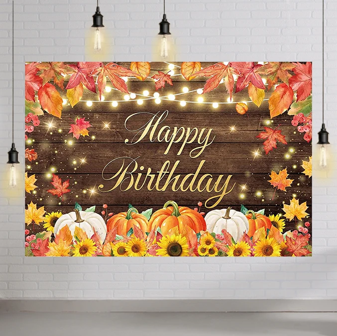 

Fall Happy Birthday Party Backdrop Pumpkins Sunflower Harvest Rustic Wooden Autumn Theme Photography Background