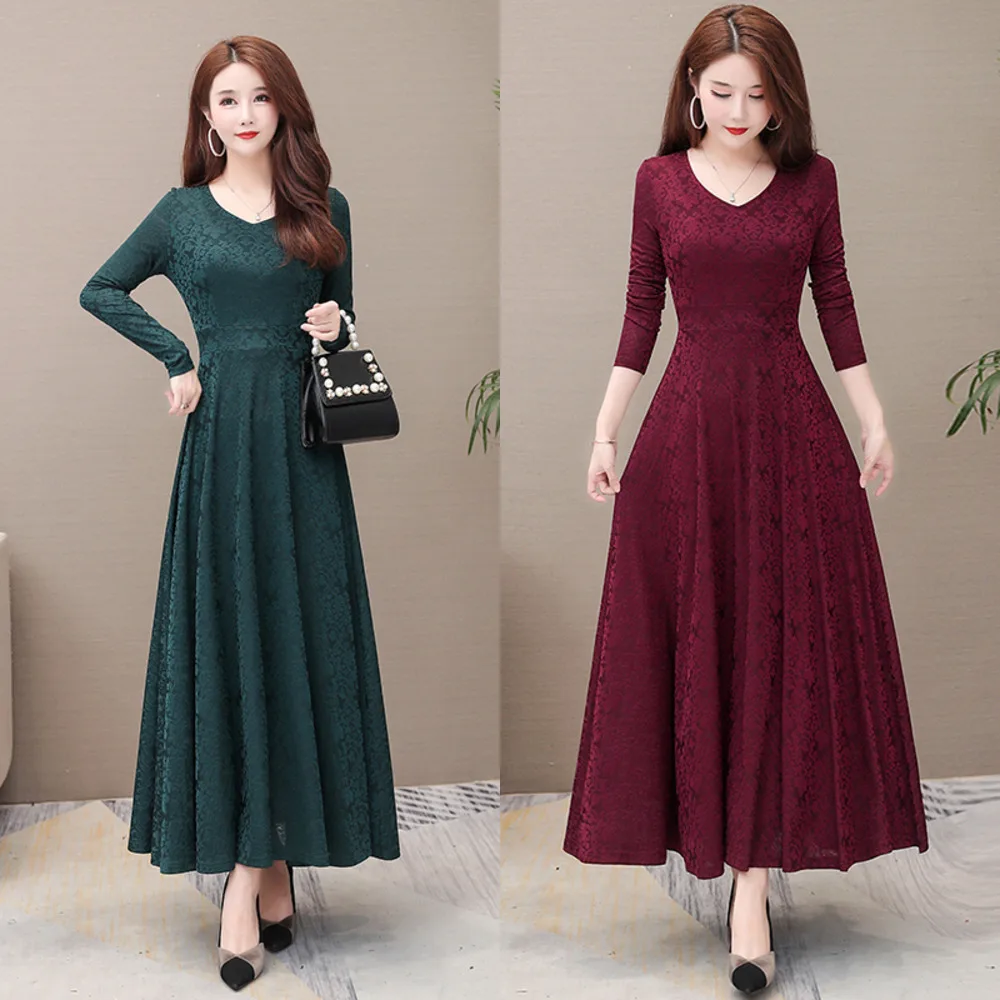 

New Spring Women Jacquard Dress Elegant Slim V-Neck Vintage Long Sleeve Dresses Pleated A-Line Dress Vestidos