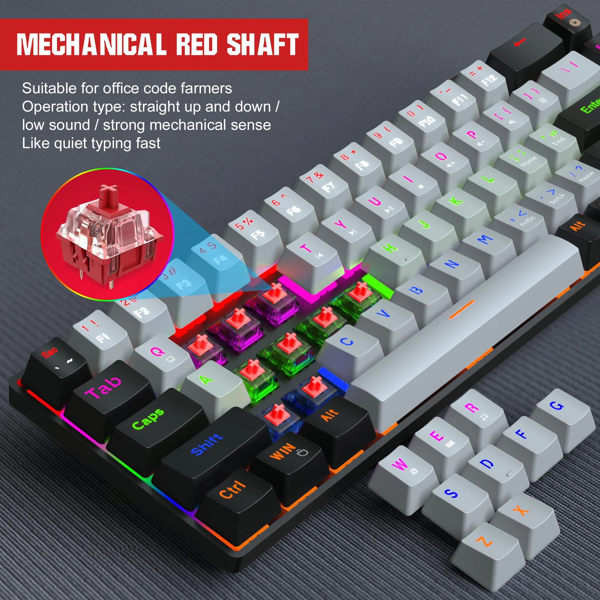 68 keys mechanical keyboard ergonomics rgb backlit led red blue switch gaming keyboard for pc laptop office free global shipping