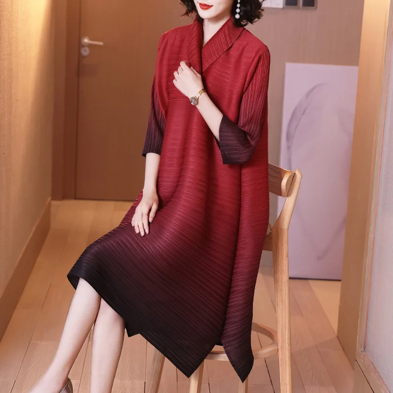 

TVVOVVIN 2021 Fashion New Gradient Color Loose Pleated Dress Female Elegant Large Size Three Quarter Sleeve Dress VT9L