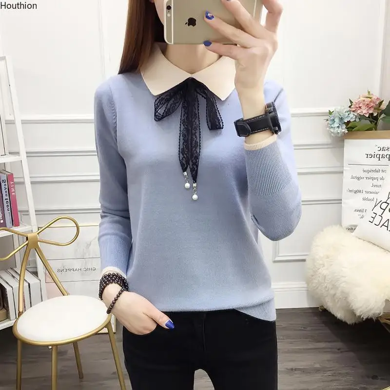 

Spring/Autumn Women's Sweater New Fashion Casual Long Sleeve Solid Color Polo Collar Slim Stretch Cotton Pullover Top Houthion