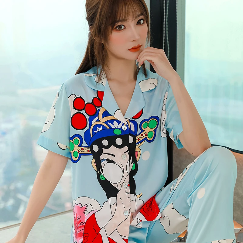 

Sleepwear Women Pajama Sets Short Spring Summer Sleepwear Set Silk Satin Peking Opera Short-Sleeved Pants Womens Home Clothes