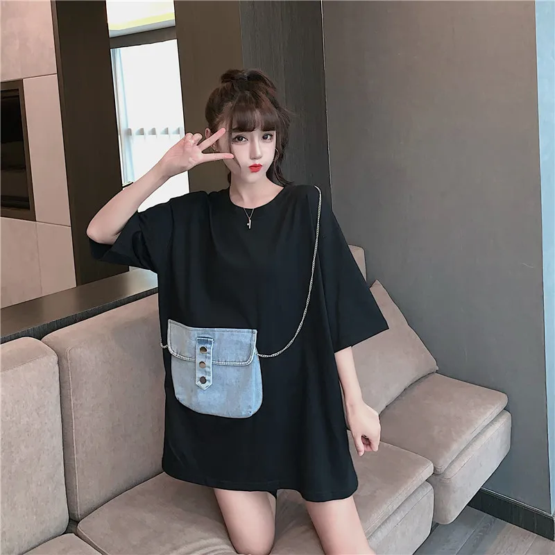 Женская джинсовая футболка на молнии свободная средней и длины с коротким