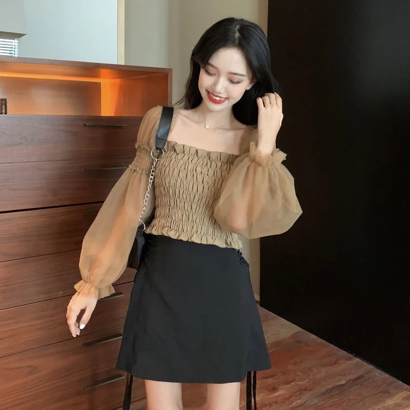 

Vintage Mesh Long Sleeves Short Blouse Women 2021 Korean Style Sexy Backless Womens Tops And Blouses Casual Slim Ruffle Blouses