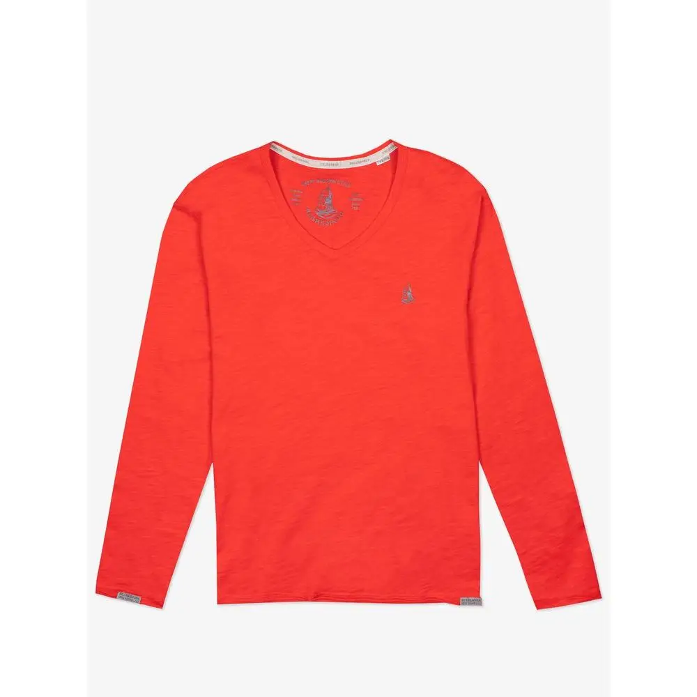 Лонгслив Великоросс однотонный алого цвета V образный ворот фламированная