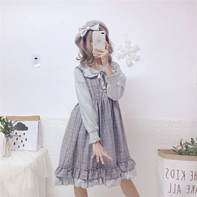 

Lolita Peter Pan collar Japanese Plaid Dress Kawaii Long Sleeve Bowknot Spring Autumn Cute loli Mori Girl Princess Dress