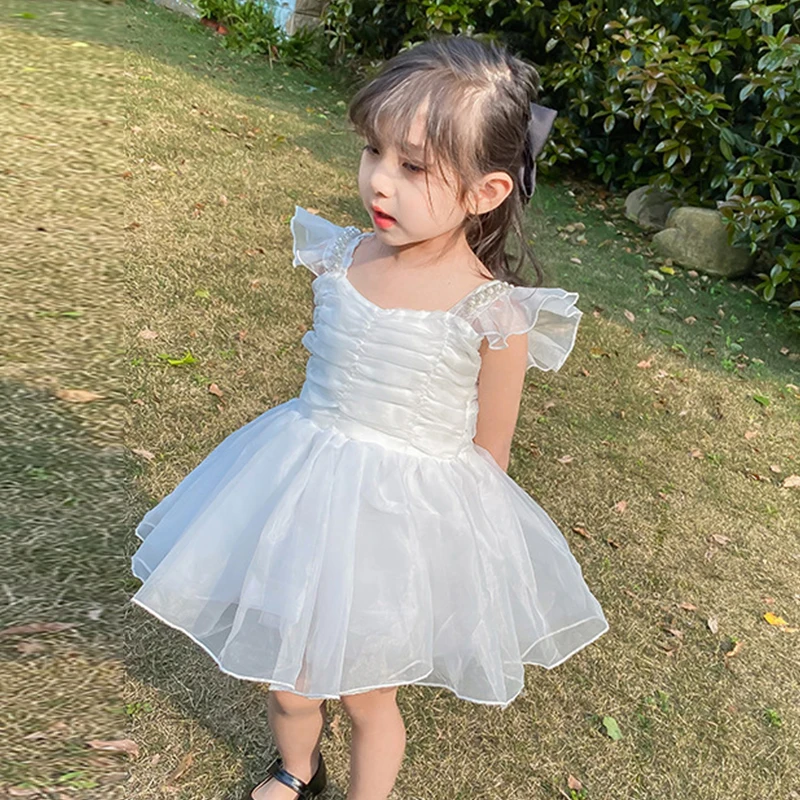 

Платье принцессы с бисером для девочек новое платье для маленьких и средних детей белое платье-пачка свадебное платье с цветочным узором для девочек