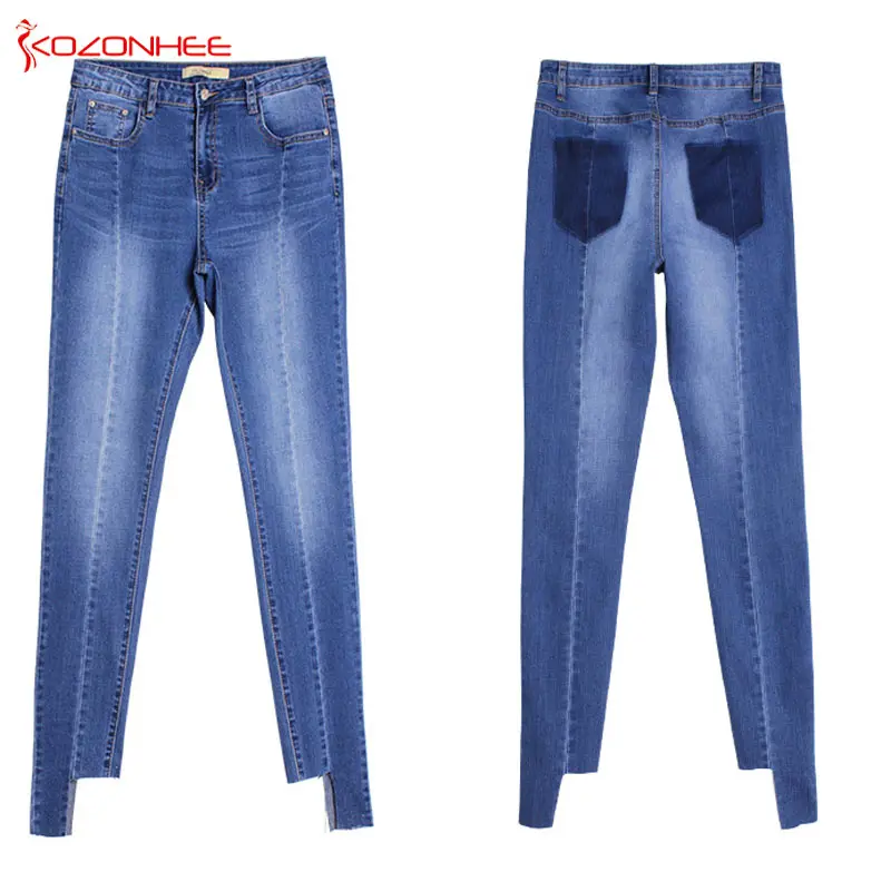 Рваные эластичные джинсы в полоску сбоку для женщин узкие с завышенной талией