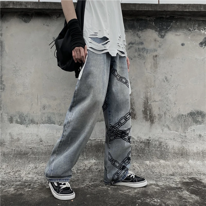 

Japanese Harajuku style summer new retro loose wide-leg printing all-match straight-leg jeans