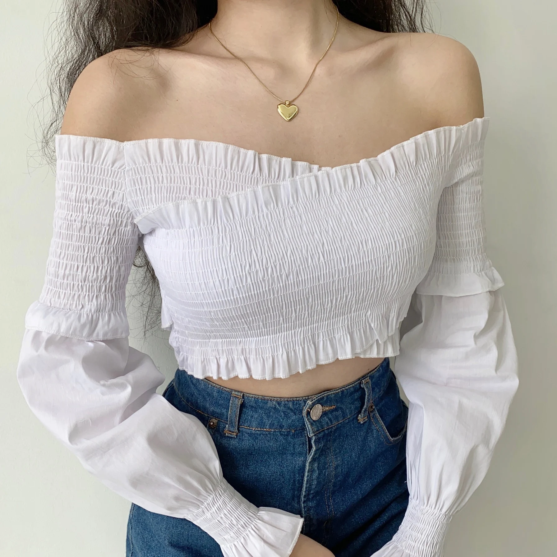 

One Shoulder Cross Off Shoulder Sexy Slim Pleated Bubble Sleeve Shirt Women's Design Top