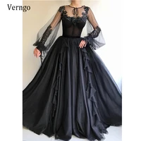 verngo modest black dotted tulle ball prom dresses puff long sleeves lace applique beads diamond bow velour sash evening gown