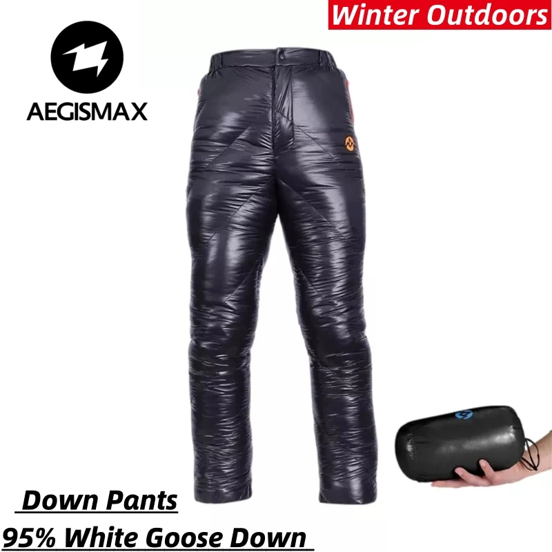 

AEGISMAX Men's Outdoor Down Pants Camping Winter Warm Ultralight Goose Down Pants 800FP Waterproof 15D Nylon Hike Down Trousers
