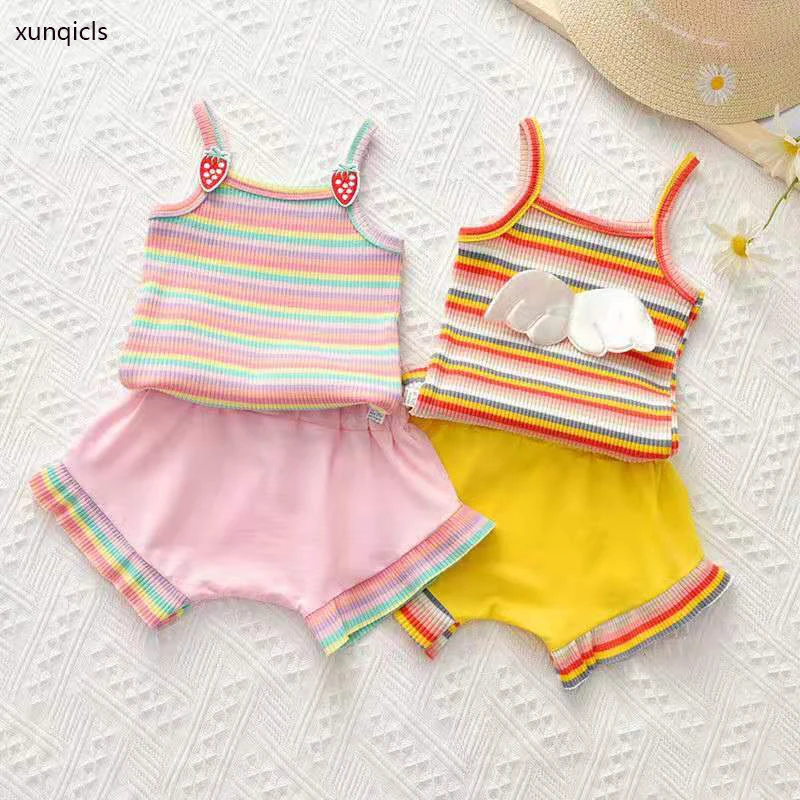 Летняя одежда для маленьких девочек Радужный жилет + шорты костюмы из 2 предметов