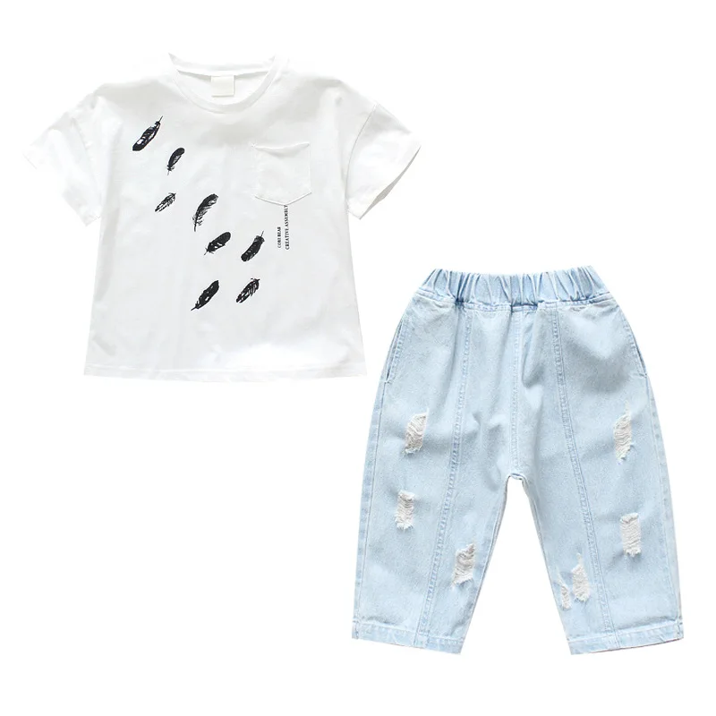 

Virgin suit summer school big child 2021 new leisure pure color printing short sleeve jeans wholesale two-piece boom