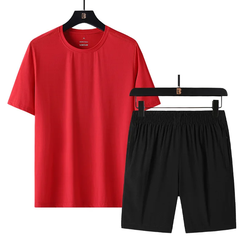 

Casual Sweat Suit Sets for Men Two Piece Patchwork Short Sleeve T-shirt Homme Shorts Thin Loose Elasticity Clothing Tracksuit