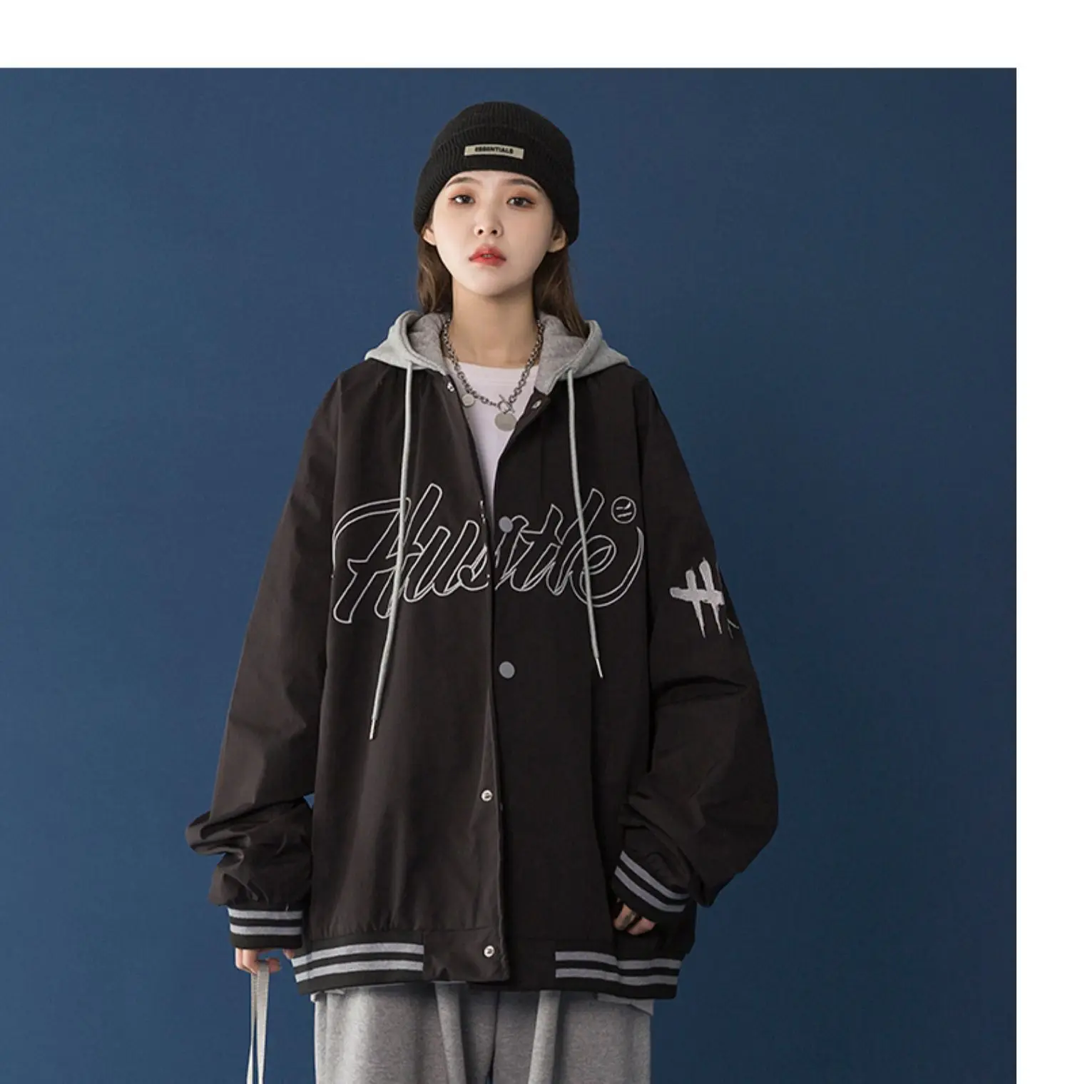 

Women Loose Style Baseball Jacket,2021 Autumn New Fashion Casual Variegated Color and Letters Printed Pattern Button-down Coat