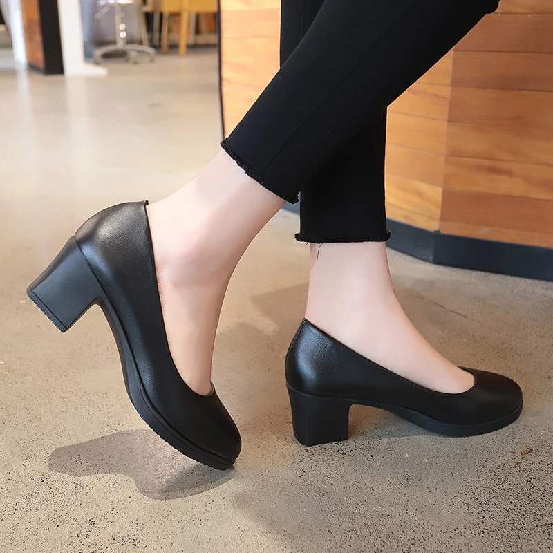 

office lady classic black leather pumps 2019 spring 5cm square heels slip on working shoes woman casual all match sandals