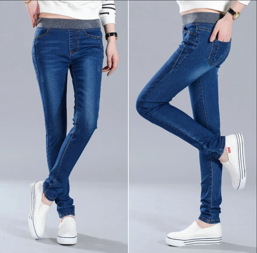 Эластичные кашемировые теплые джинсы для женщин большие черные с высокой талией