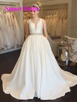 v neck satin wedding dress for bride with belt beaded backless long a line white bridal gowns elegant vestido de noiva 2020 vs27