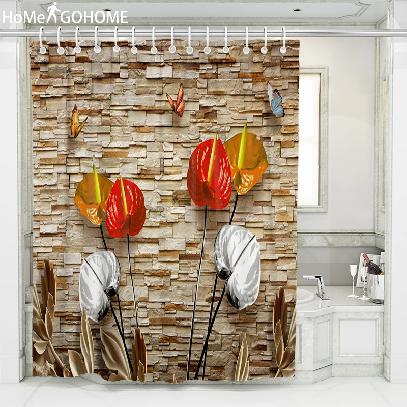 Водостойкая занавеска для душа с кирпичной стенкой цветочными маками 3D из