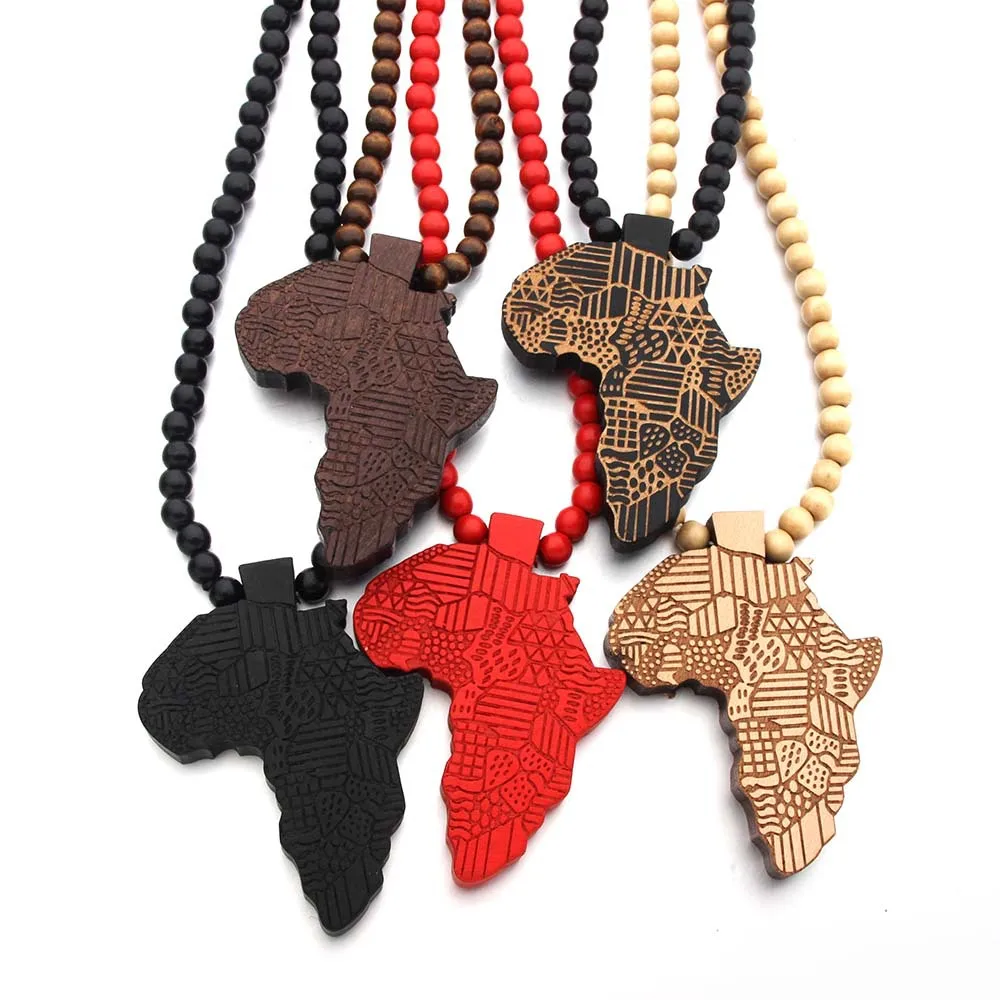 

Fashion Wood Made Stylish Africa Map Pendant Hip Hop Beads Long Chain Men Wooden Pendants Necklaces Jewelry Gift S1003