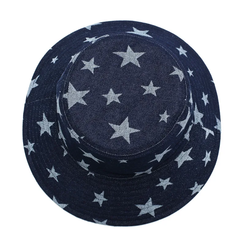 

Retro Stars Print Double Wear Denim Bucket Hat Men Fisherman Hat Flat Hip Hop Panama Women Sun Fashion Travel Cap