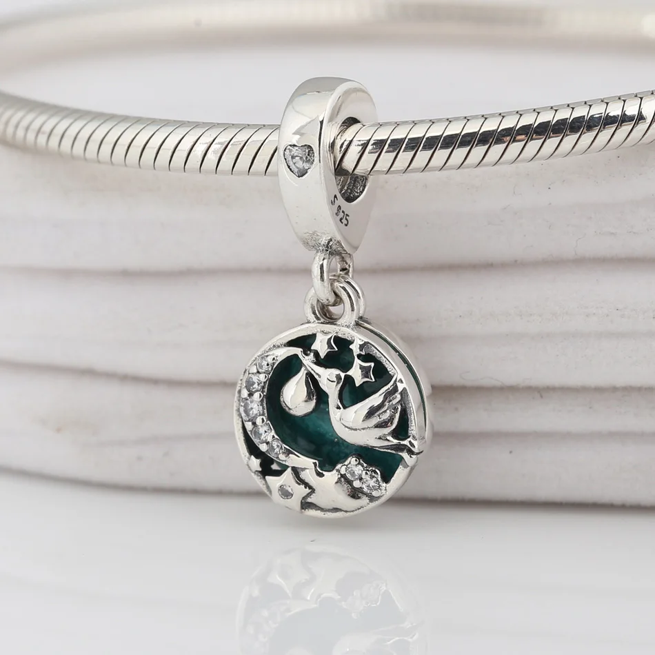 

Аутентичные S925 бусина-подвеска аист и мерцающий кулон Шарм для женщин браслет, сделай сам, ювелирное изделие