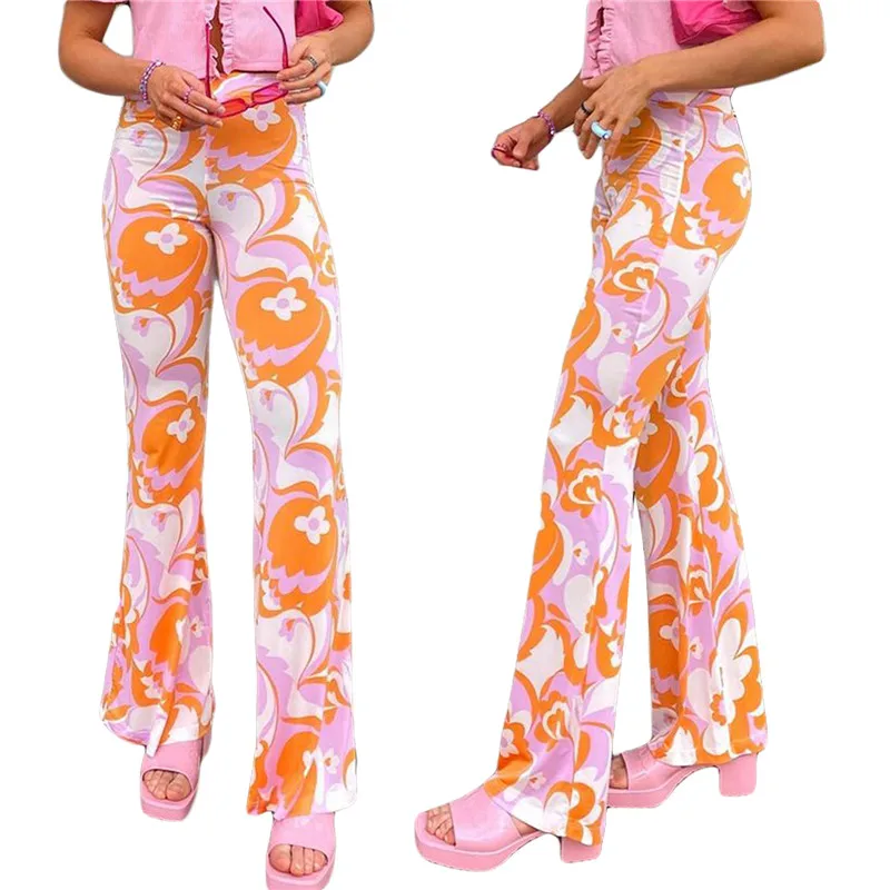 

2021 Women Floral Printed Flared Trousers High-waist Ankle-Length Bell-bottomed Pants Harajuku Tight Pants Street Wear