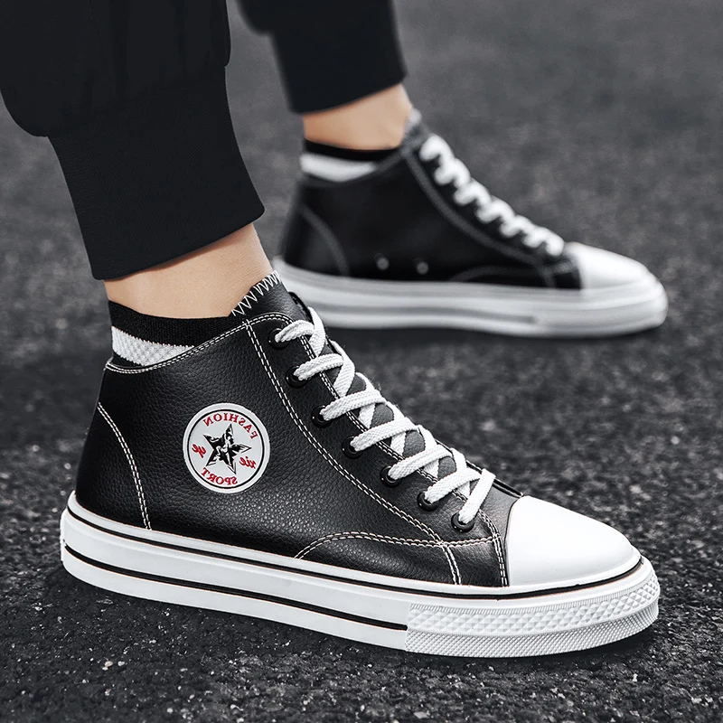 

Fashion Men Vulcanized Shoes Leather High Top Sneakers Men Lace Up Trend Skateboard Shoes Star Comfortable Casual Shoes