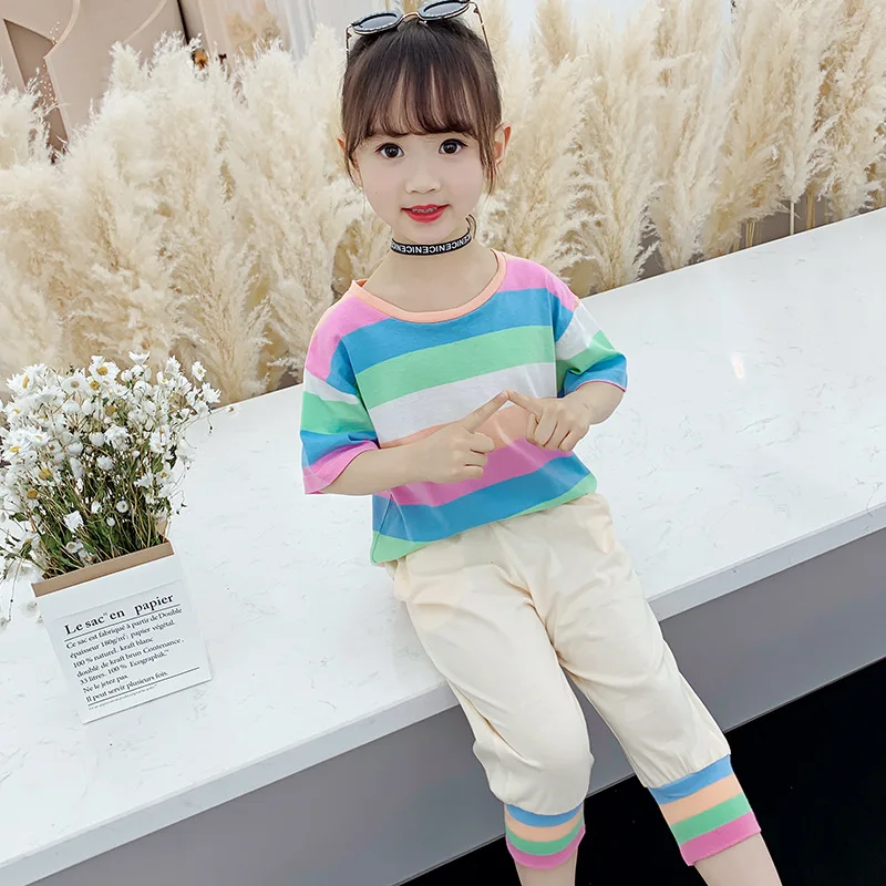 

New 2020 Kids Summer Clothes Suits Teenage Girls Clothing 2 Pcs Colorful Striped Tshirt Tees + Pants Children'sets Girl Outfuts