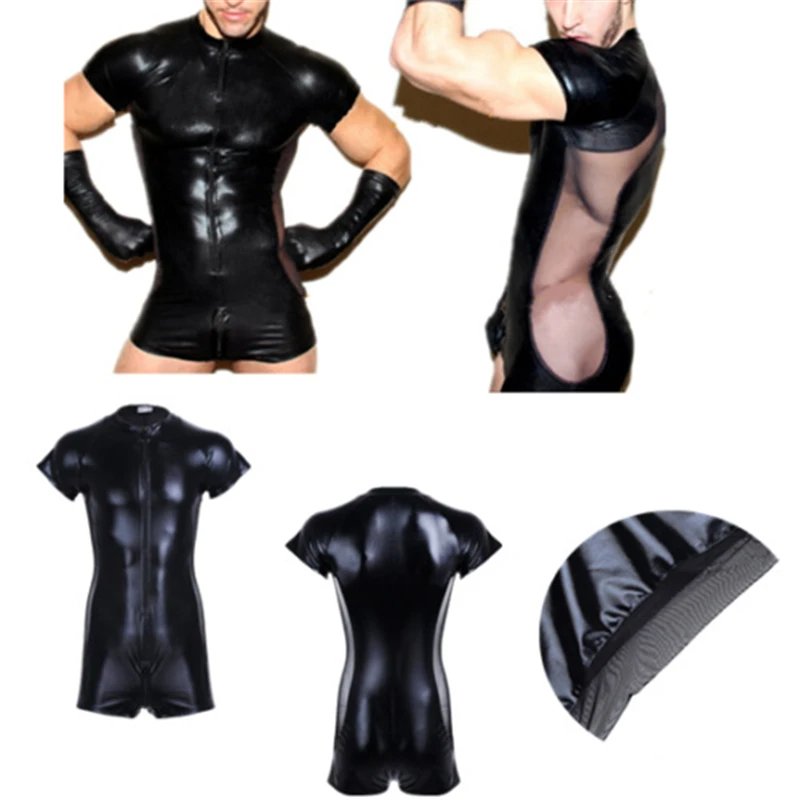 

Fetish Gay Wetlook PVC Leather Male Bodysuit Jumpsuit Flank Transparent Mesh Sissy Rompers Sexy Pole Dance Pants for Men Gay