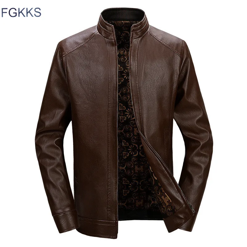 FGKKS Fashion Brand Men PU Leather Jacket New Men's Stand Collar Plus Velvet Leather Jacket Casual Wild Leather Jackets Male