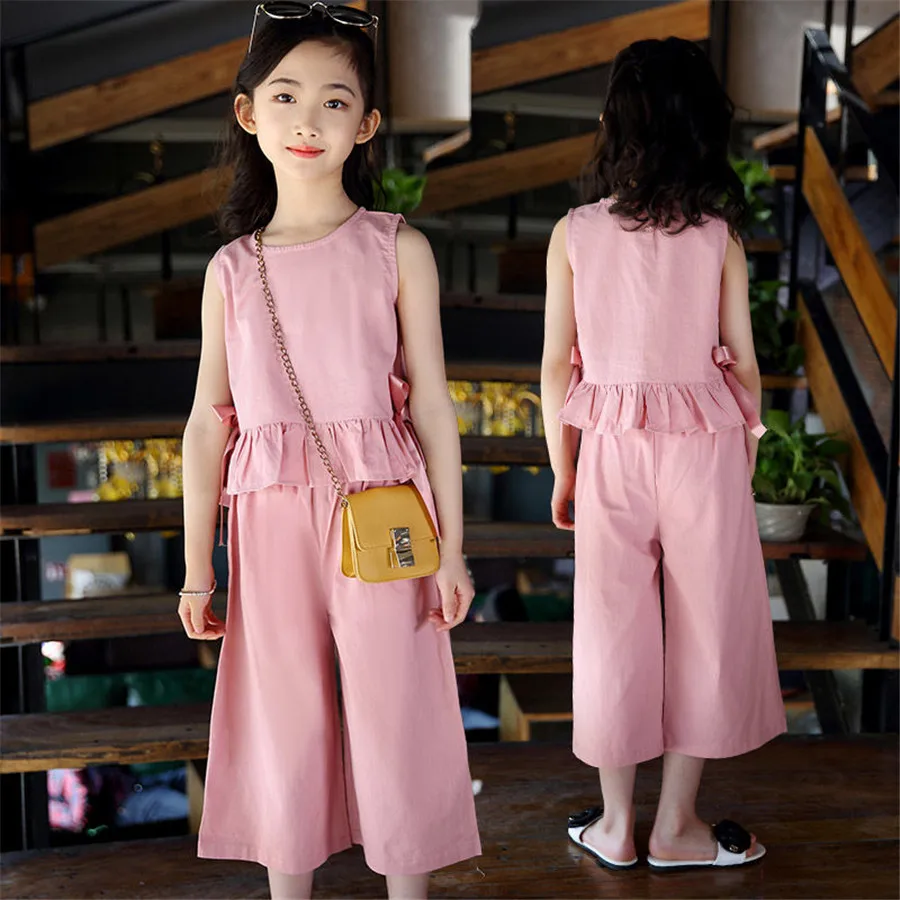 Летние комплекты одежды для девочек 2020 Детские однотонные костюмы без рукавов и