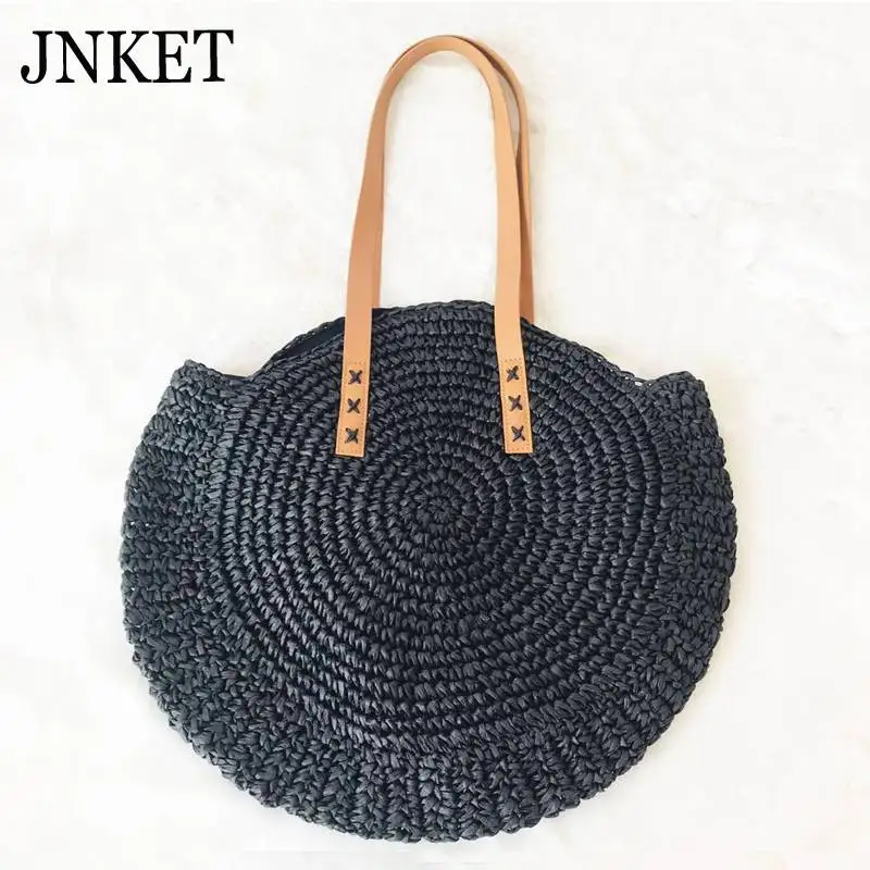 

JNKET Fashion Women's Shoulder Bag Round Straw Bag Handmade Woven Beach Bags Circle Handbag Travel Sling Bag Tote Bag