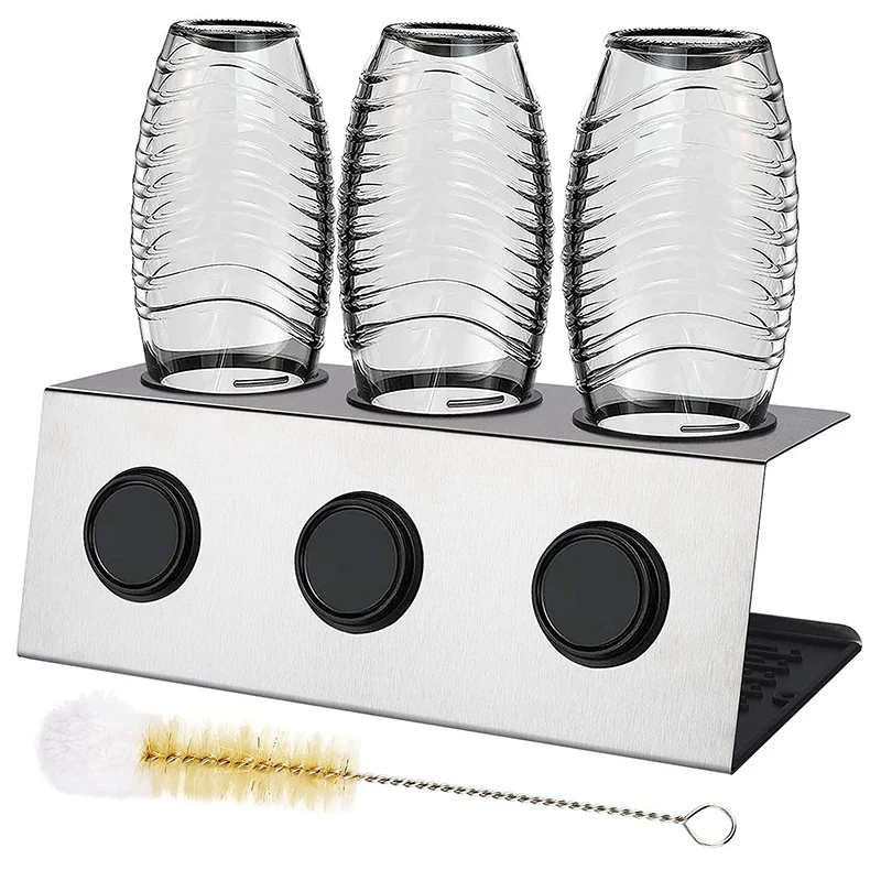 

Stainless Steel Soda Bottle Drip Holder,3-Hole Design,Soda Bottle Drain Rack with Silicone Drain Pad and Bottle Brush