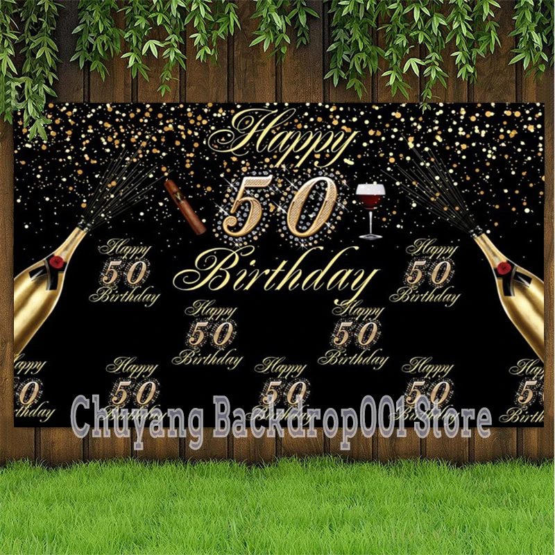 50th Photo Backdrop Lady Men Happy Birthday Party Custom Flower Gold Champagne Decoration Photography Backgrounds Banner