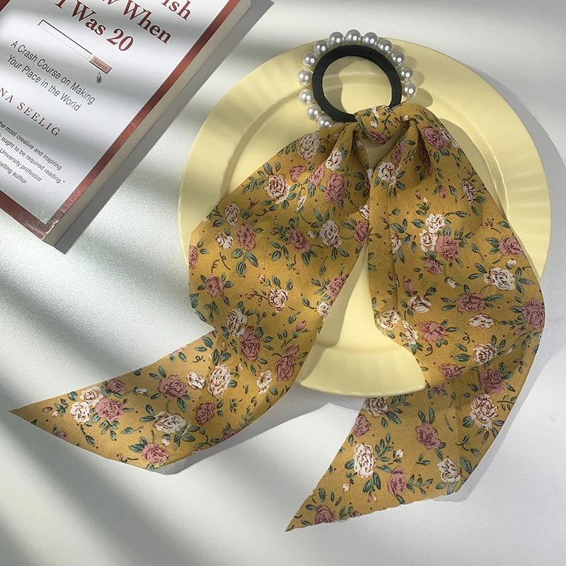 

Pearl Hair Band Floral Ribbon 2021 New Online Celebrity Korea Tie Hair Band Rope Sen Headdress Rope Women