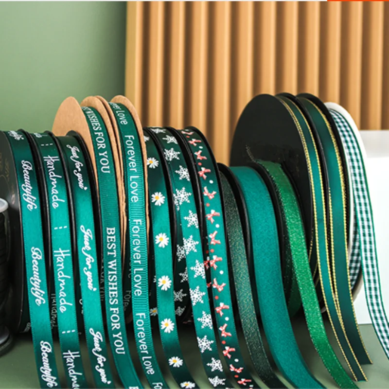 

9mm 50yards Dark Green Printing Ribbon for Bow Pin Hhair Accessory Rose flowers Gift Box Wrapping Chrismas Crafts Packing DIY