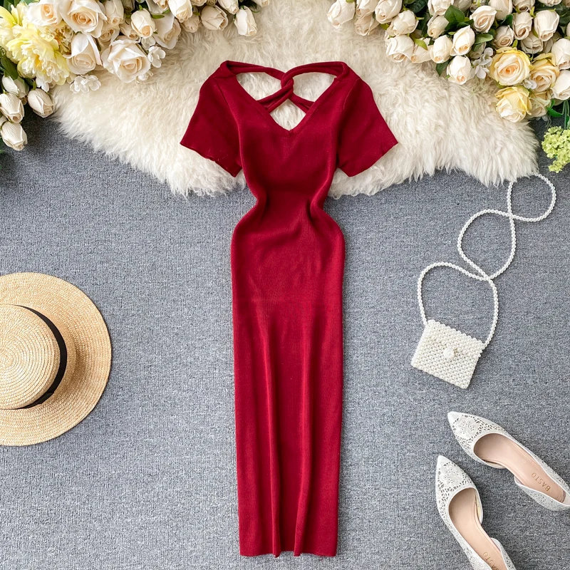

2021 Cross Backless Knitted Dresses For Women Clothes Fashion V-neck Solid Office Lady OL Dress Sexy Slim Vestidos Street D080